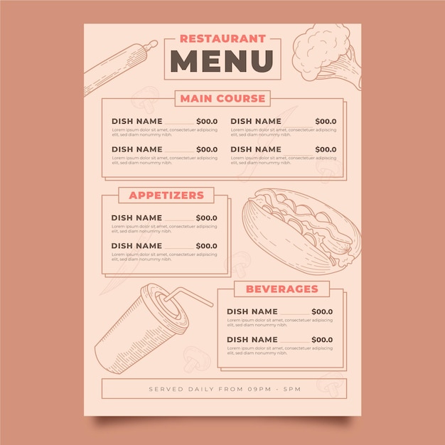 Modello di menu verticale ristorante rustico disegnato a mano di incisione