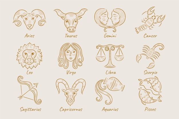 Vettore collezione di segni zodiacali disegnati a mano con incisione