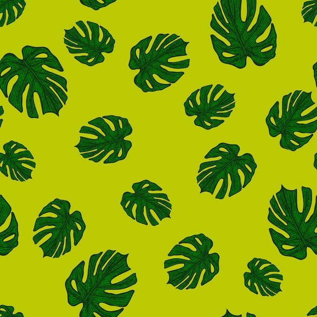 Engraving leaf monstera seamless pattern vintage leaves background repeated texture in hand drawn style for fabric wrapping paper wallpaper tissue vector illustration