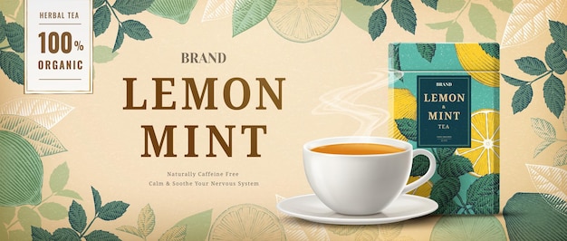 Vector engraving lemon mint tea banner ads