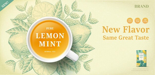 Vector engraving lemon mint tea banner ads