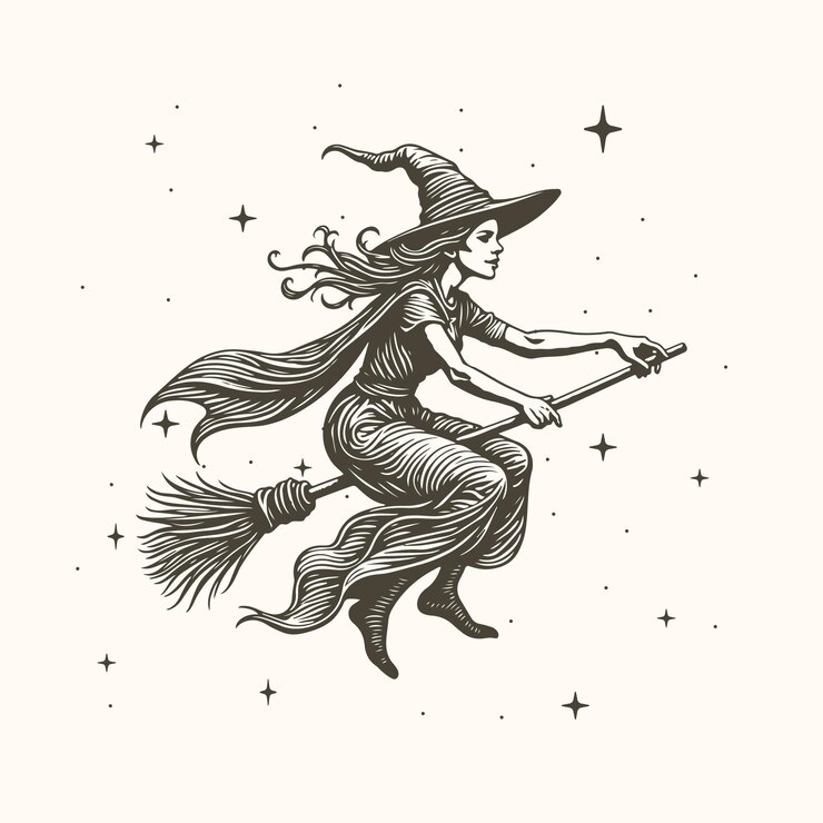 Vector engraving style happy witch vector art of witch on broomstick