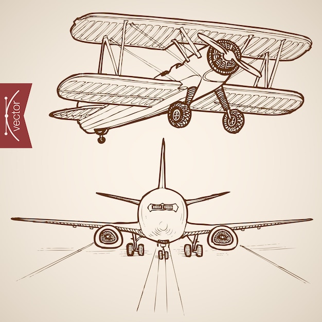 Engraving vintage hand drawn Air transport collection. Pencil Sketch Airplane evolution 