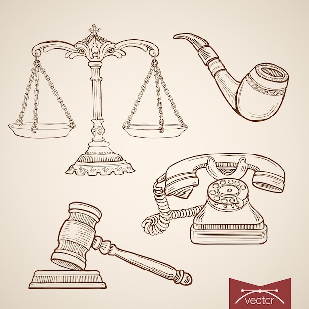 Incisione vintage disegnati a mano collezione di legge e giustizia. pencil sketch judge process libra and gavel, detective pipe and phone