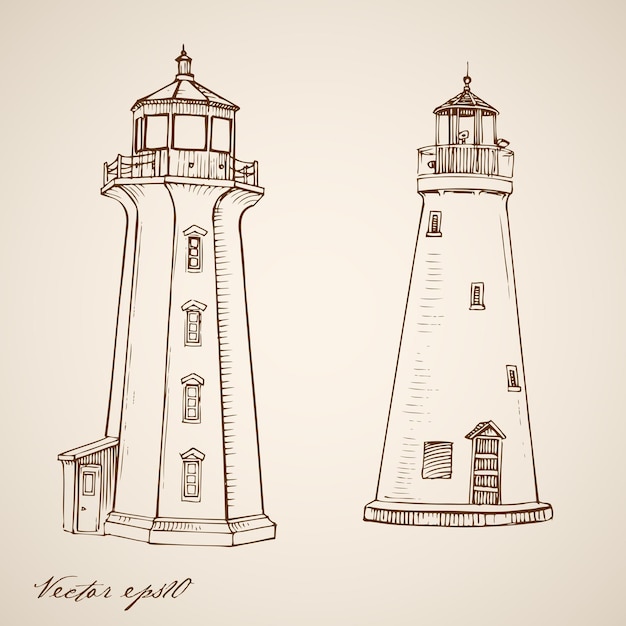 Engraving vintage hand drawn lighthouses