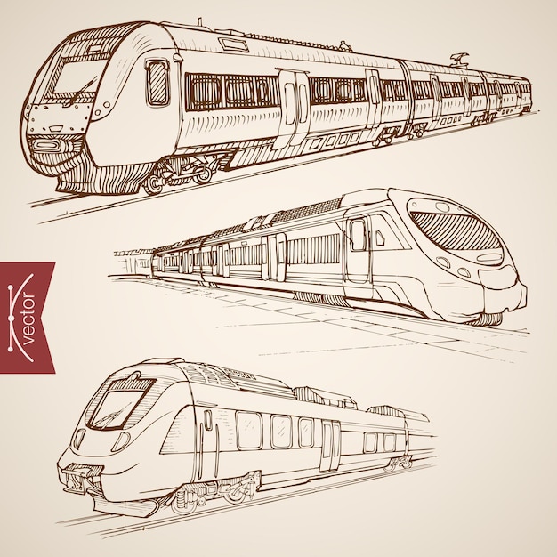 Vettore incisione vintage disegnata a mano moderna collezione di treni ad alta velocità. trasporto ferroviario di schizzo a matita