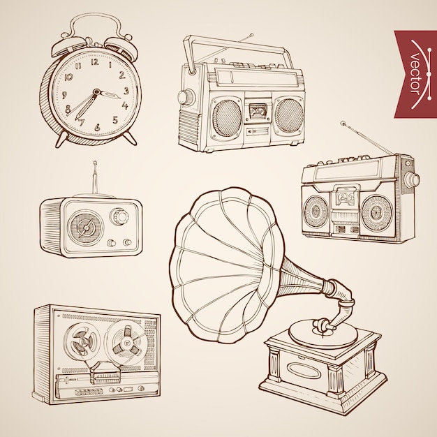 Engraving vintage hand drawn music and sound retro equipment collection. pencil sketch gramophone, tape recorder, radio, clock