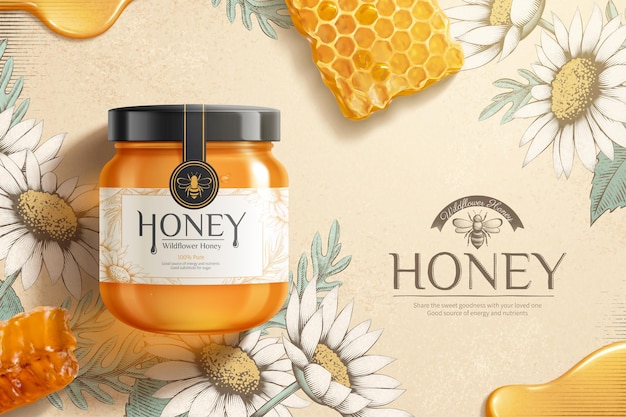 Vector engraving wildflower honey ads