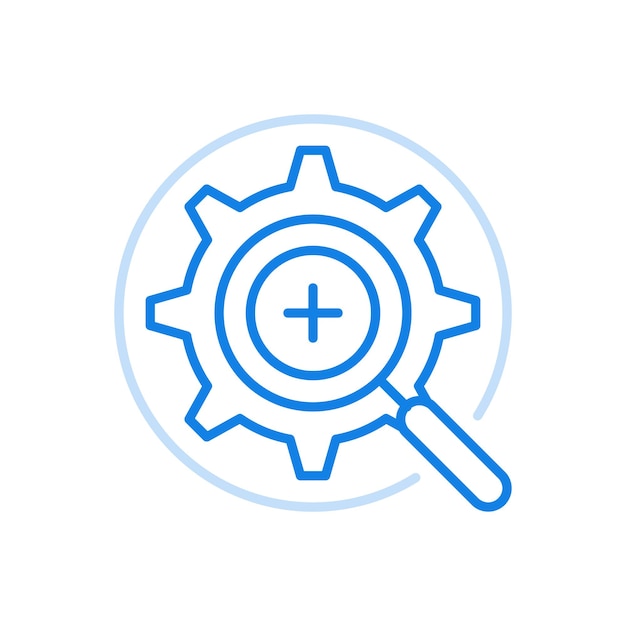 Enhanced optimization and analysis of vector line icon Magnifier gear with plus symbol in center