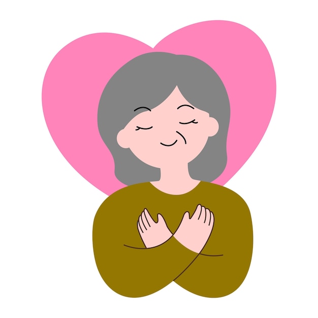 enior woman hug herself mental health love yourself concept for medical healthy illustration