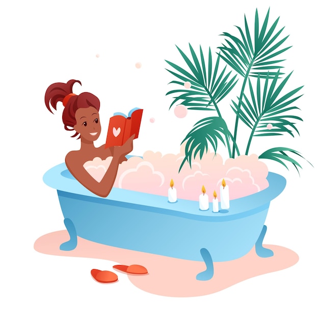 Vector enjoy bath time. cartoon young african woman character enjoying bath, girl reading book