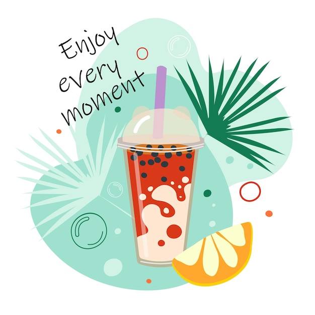 Vector enjoy every moment summer vector illustration with hand drawn cocktail straw lemon good for