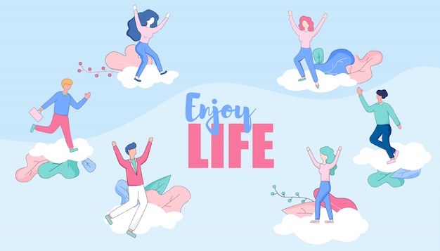 Enjoy life horizontal banner. happy characters.