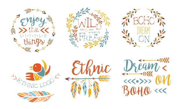 Enjoy the little things hand drawn badges set wild and free boho dream on ethnic logo templates vector illustration