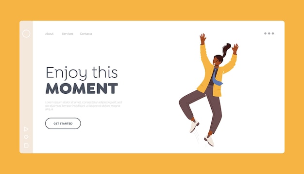 Enjoy Moment Landing Page Template Happy Female Character Waving Hands Rejoice and Jump Office Woman Celebrate