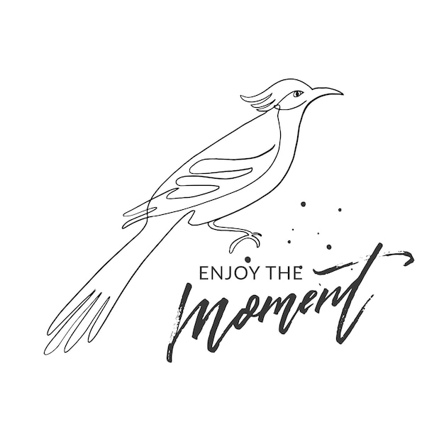 Vector enjoy the moment motivational quote print for cards and textile modern calligraphy and bird illustration