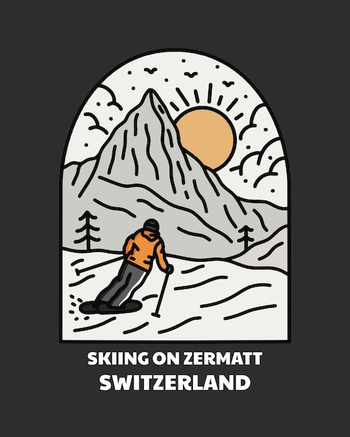 Goditi lo sci a zermatt matterhorn svizzera nel vettore di linea mono per il design dell'emblema della maglietta distintivo