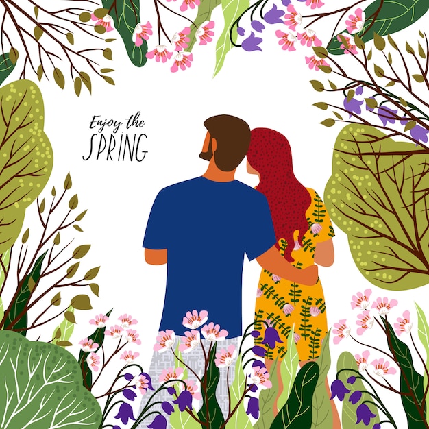 Enjoy the spring. Young couple, flowers and  trees