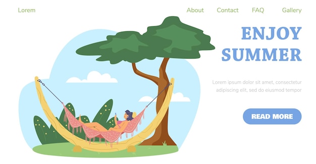 Enjoy summer cartoon vector banner woman wearing bikini swimsuit relax in the hammock outdoor