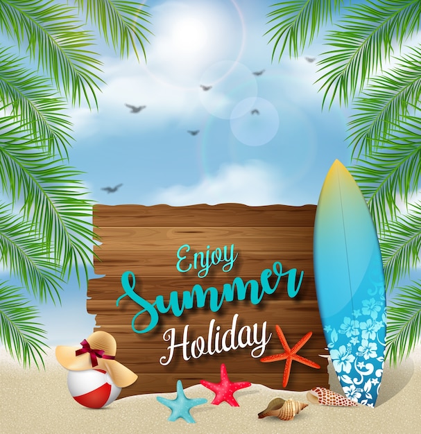 Vettore godetevi il design di banner di vacanze estive con un cartello in legno per elementi di testo e spiaggia
