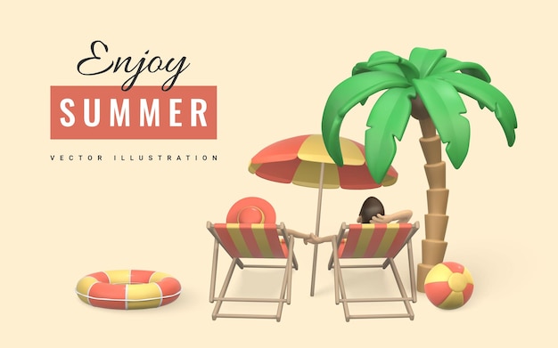 Enjoy summer promo banner design summer 3d realistic render vector objects tropical palm tree sun umbrella couple on beach chair and plane vector illustration