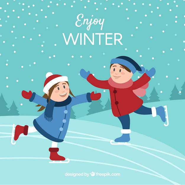 Enjoy winter background with children ice skating