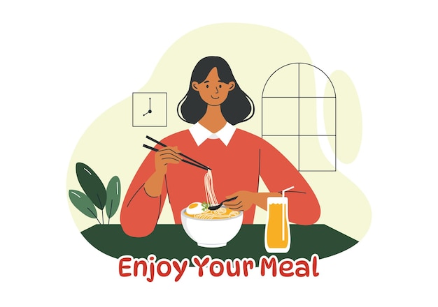 평평한 스타일의 만화 배경 디자인으로 집이나 레스토랑에서 다양한 맛있는 음식을 보여주는 식사 터 일러스트레이션을 즐기십시오.