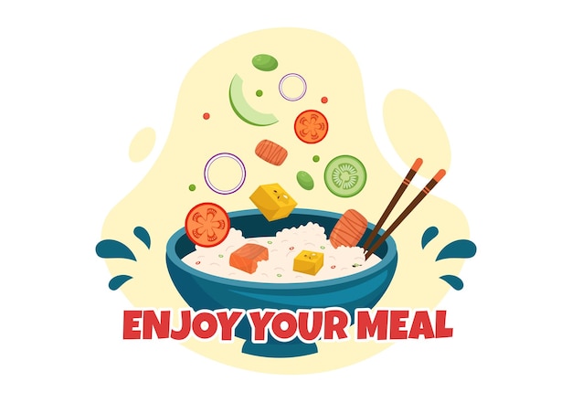食事をお楽しみください 家庭やレストランでさまざまなおいしい食べ物のベクトル図