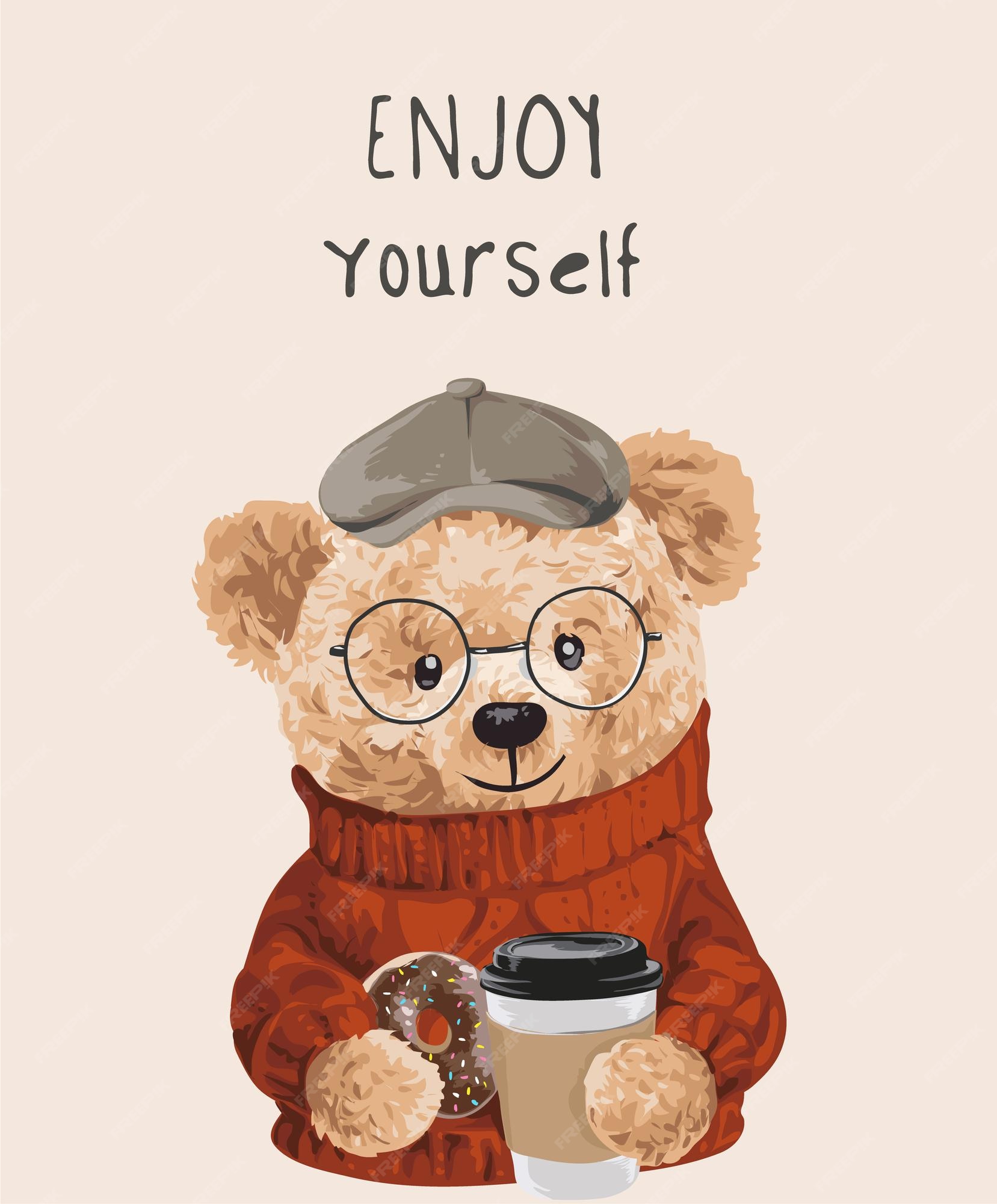 Premium Vector  Enjoy yourself slogan with bear doll holding coffee cup  illustration