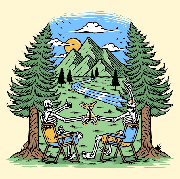 Vector enjoying beer with friends in the mountains illustration