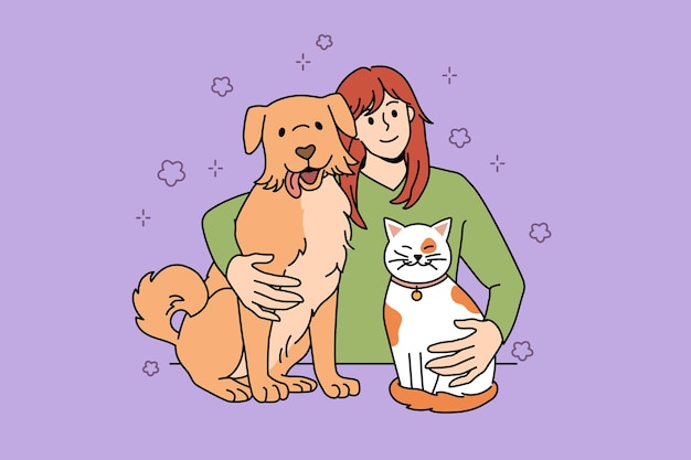 Enjoying company of pets concept. Smiling positive girl embracing her red cat and dog feeling happy with friendship vector illustration