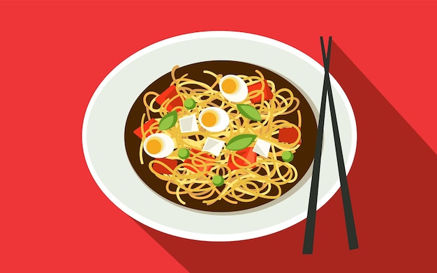 赤い背景にナードルとガーニッシュが付いた韓国料理のラメンを楽しんでいます