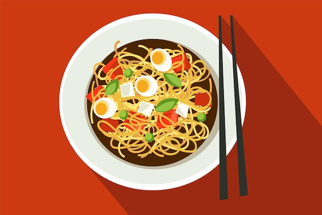 赤い背景にナードルとガーニッシュが付いた韓国料理のラメンを楽しんでいます