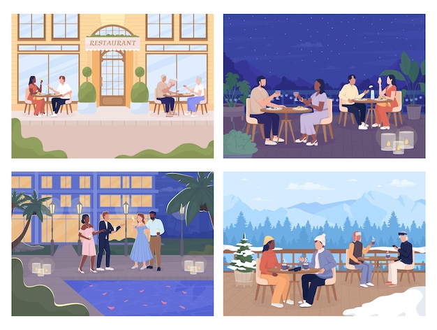 Vector enjoying peaceful time at resort flat color vector illustration set