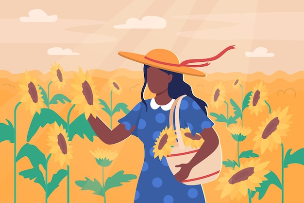 Enjoying sunflowers outdoor flat color illustration