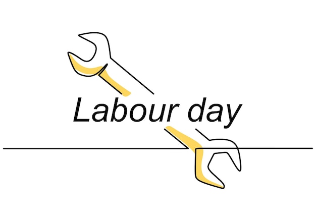 Enkele doorlopende lijn kunst schroevendraaier moersleutel spanner met belettering dag van de arbeid 1 mei viering Happy Labor Day concept geïsoleerd op een witte achtergrond Vector reparatie tools schets illustratie