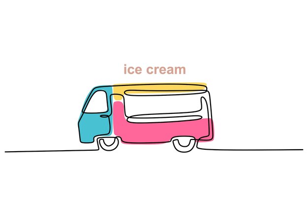 Enkele doorlopende lijn van ijs food truck Ice cream food truck in één lijnstijl geïsoleerd op een witte achtergrond