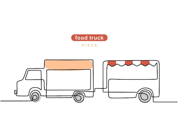 Enkele doorlopende lijn van pizza-voedselwagen met aanhanger pizza met aanhangervrachtwagen in één lijnstijl geïsoleerd op een witte achtergrond