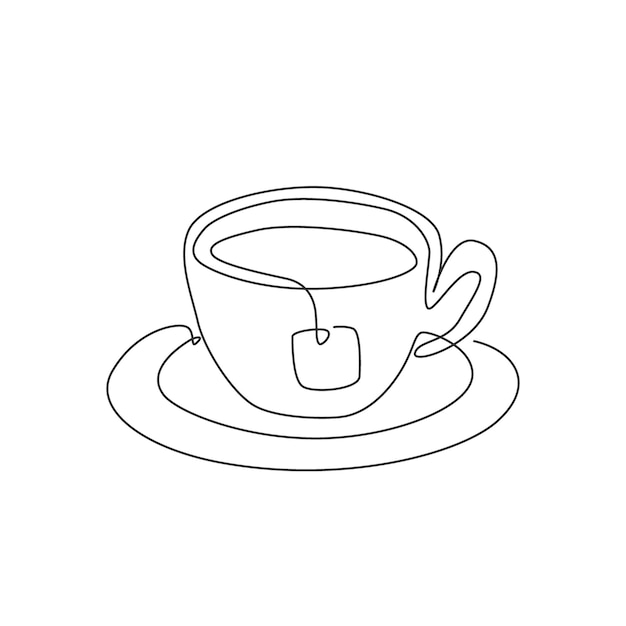 Enkele doorlopende lijntekening gestileerd kopje thee met theezakje onderzetters Logo ontwerp vector