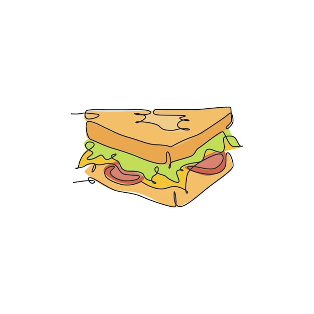 Enkele doorlopende lijntekening van gestileerd Amerikaans sandwichlogo-label Fastfood bezorgservice