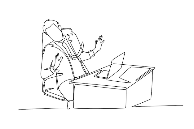 Vector enkele één lijn tekening van jonge angstige zakenman houden van zichzelf van monitor laptop vanwege traumatiseren werk psychologisch concept continuous lijn tekenen ontwerp grafische vector illustratie