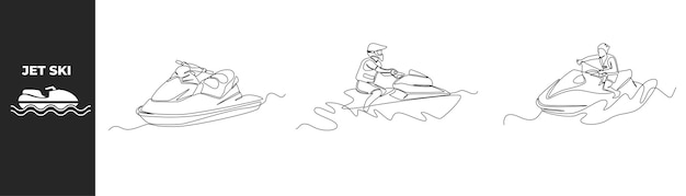 Enkele een lijntekening paardrijden jetski set concept jonge man sport in een helm en reddingsvest op een jetski en jetski pictogram continu lijn tekenen ontwerp grafische vectorillustratie