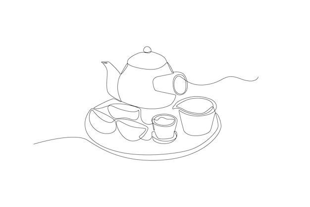 Enkele een lijntekening theepot theekopje en Koreaans eten Gelukkig chuseok concept Continu lijntekening ontwerp grafische vectorillustratie