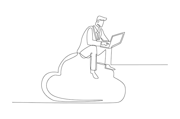 Enkele één lijntekening zakenman met laptop zittend op de wolk Werken big data concept Continu lijntekening ontwerp grafische vectorillustratie