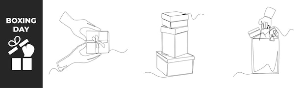 Enkele één regel geometrische boksdag concept set Hand houden doos met lint stapel geschenkdozen en papieren zak met geschenkdoos continu lijn tekenen ontwerp grafische vectorillustratie