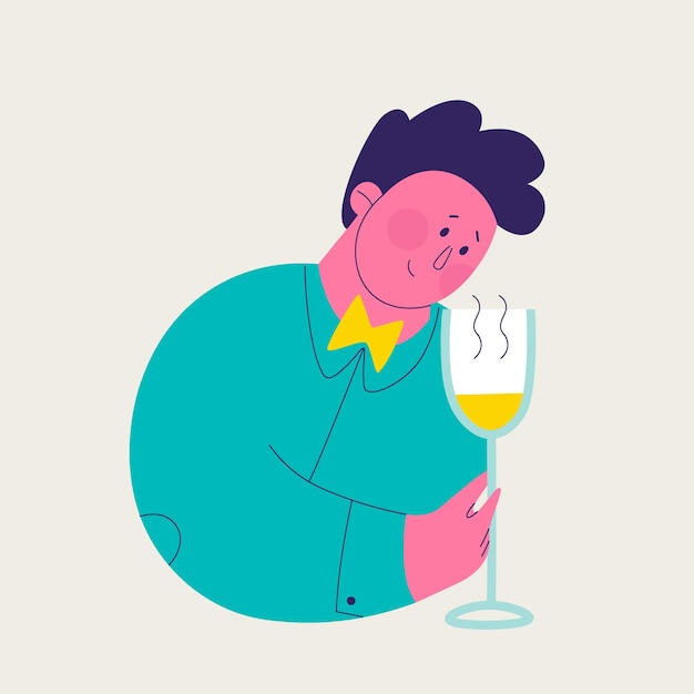 Enkele illustratie van een reeks witte wijnproeverijen Leuke man die de geur van wijn verkent