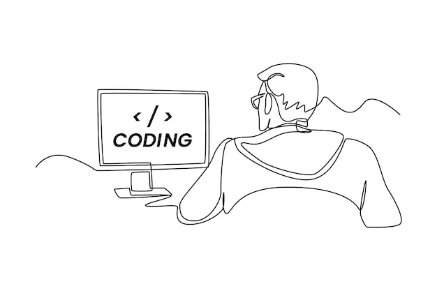 Enkele lijntekening Programmeurs of ontwikkelaars maken programmeertaalcode voor de computer Programmeringscodeconcept Doorlopende lijntekening ontwerp grafische vectorillustratie