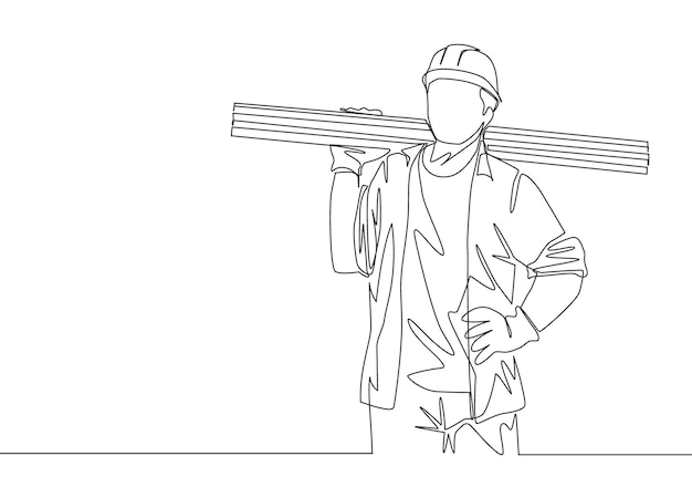 Vector enkele lijntekening van een houthakker die een helm en handschoen draagt terwijl hij een stapel hout draagt carpenter