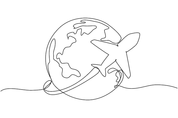 Enkele lijntekening van een vliegtuig dat door de lucht vliegt Globe-pictogramsilhouet voor rondleidingen en reizen