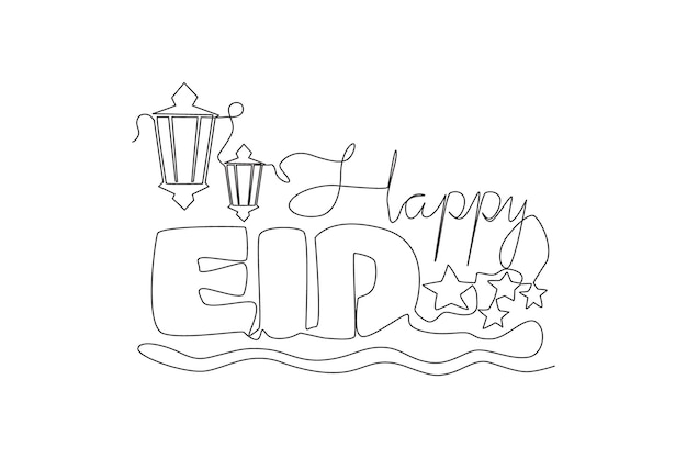 Vector enkele lijntekening van happy eid al fitr mubarak en ramadan kareem concept islamitische feestdagbanner